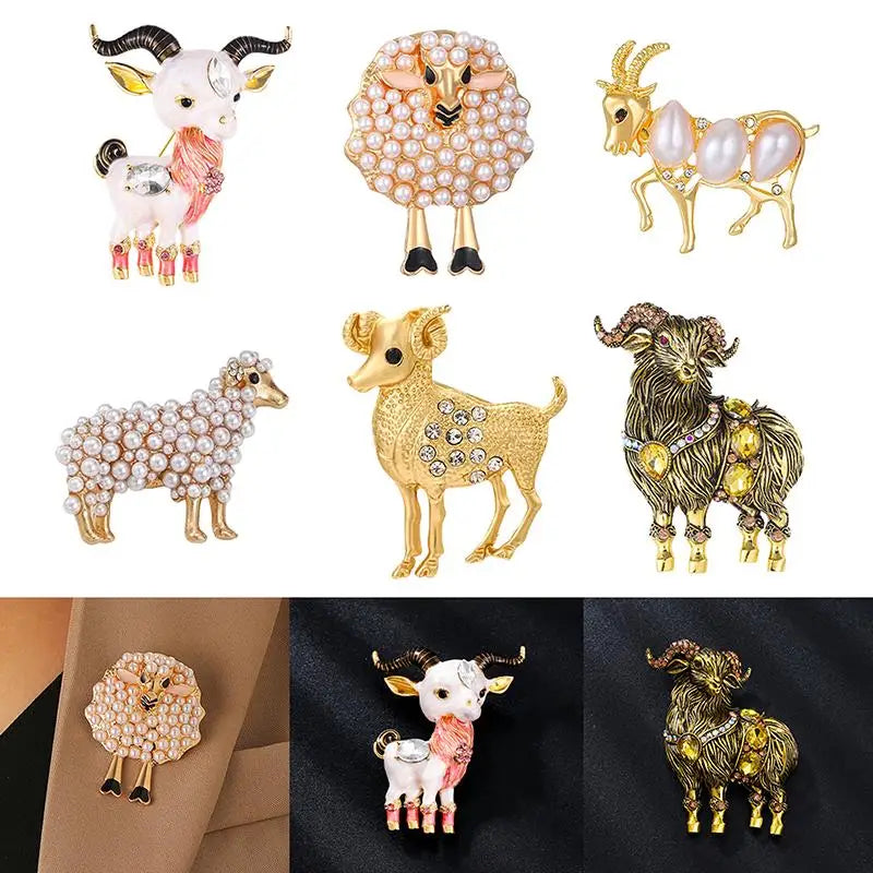 Elegant Sheep Goat Shaped Brooch Rhinestone Pearls Lapel Pin Animal Brooch Perfect For Daily Wear Party Dresses Qme