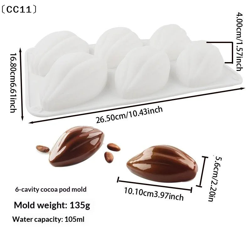 6 Hole Cocoa Pods Design Pudding Silicone Mousse Mold DIY French Qme