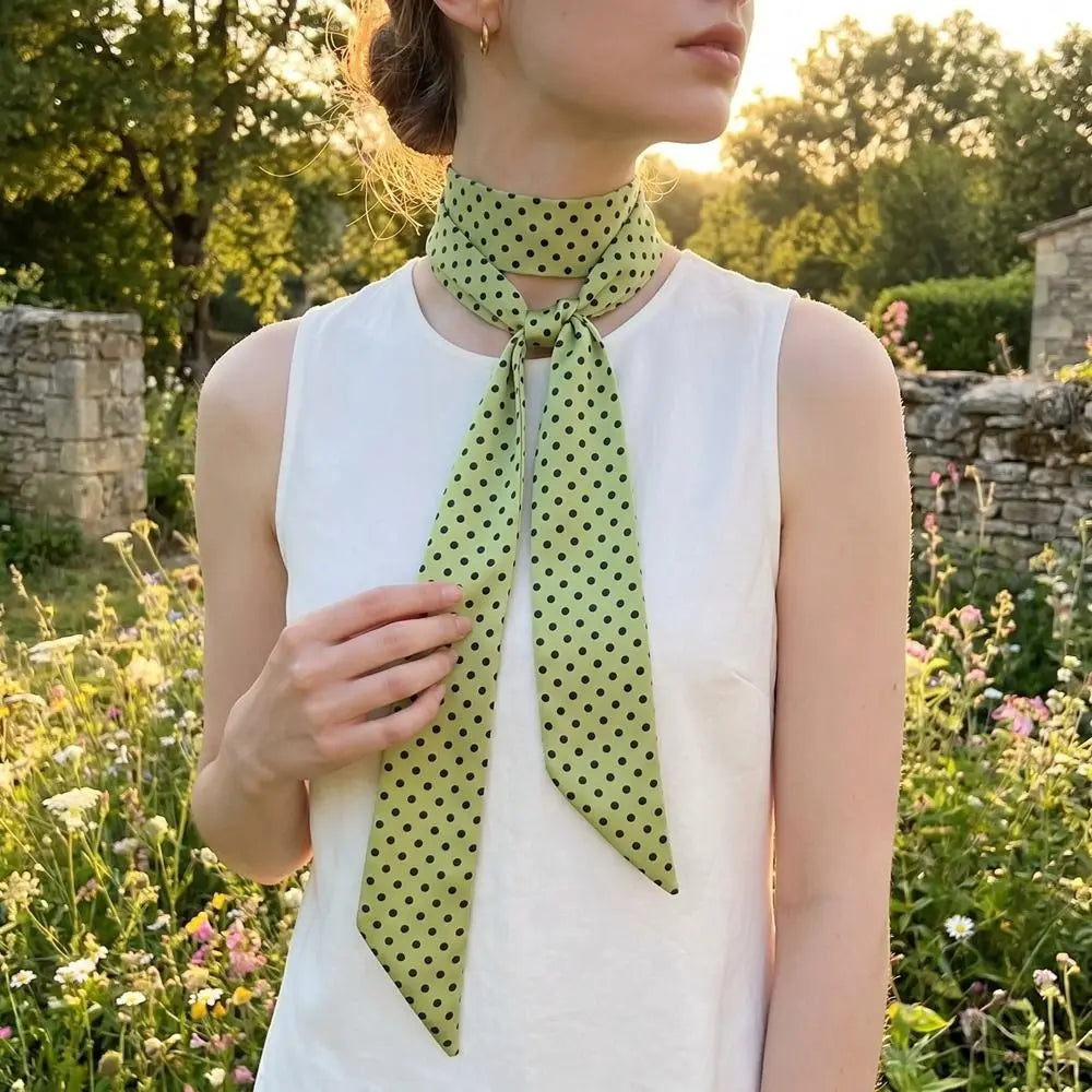 Retro Bow Ties Long Silk Scarf Ice Cream Printed Plaid Hair Band Qme