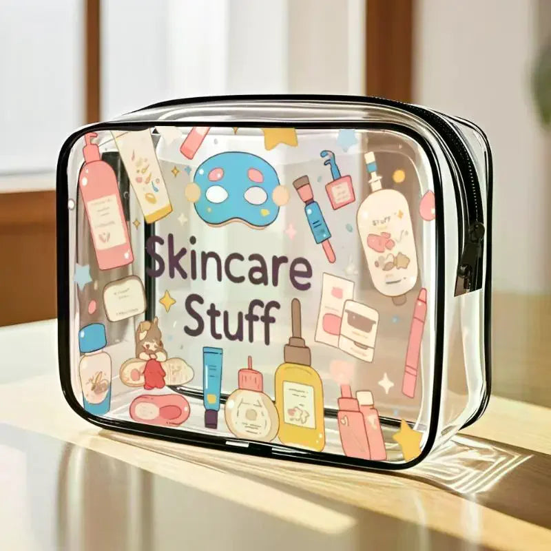 Transparent Single-Sided Print Cosmetic Bag Portable Travel Toiletry Bag Thickened Makeup Bags Organizer PVC Storage Pouch Qme