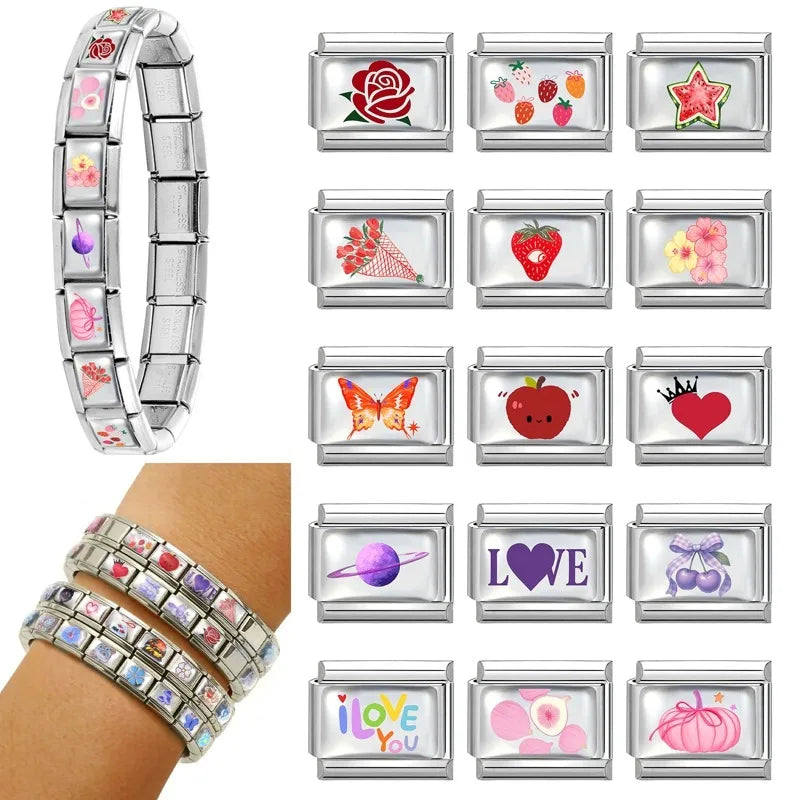 2026Fashion Pretty Colour Bow Cherry Flower Peach Blossom Charm Italian Links Fit 9mm Stainless Steel Bracelet Making DIYJewelry Qme