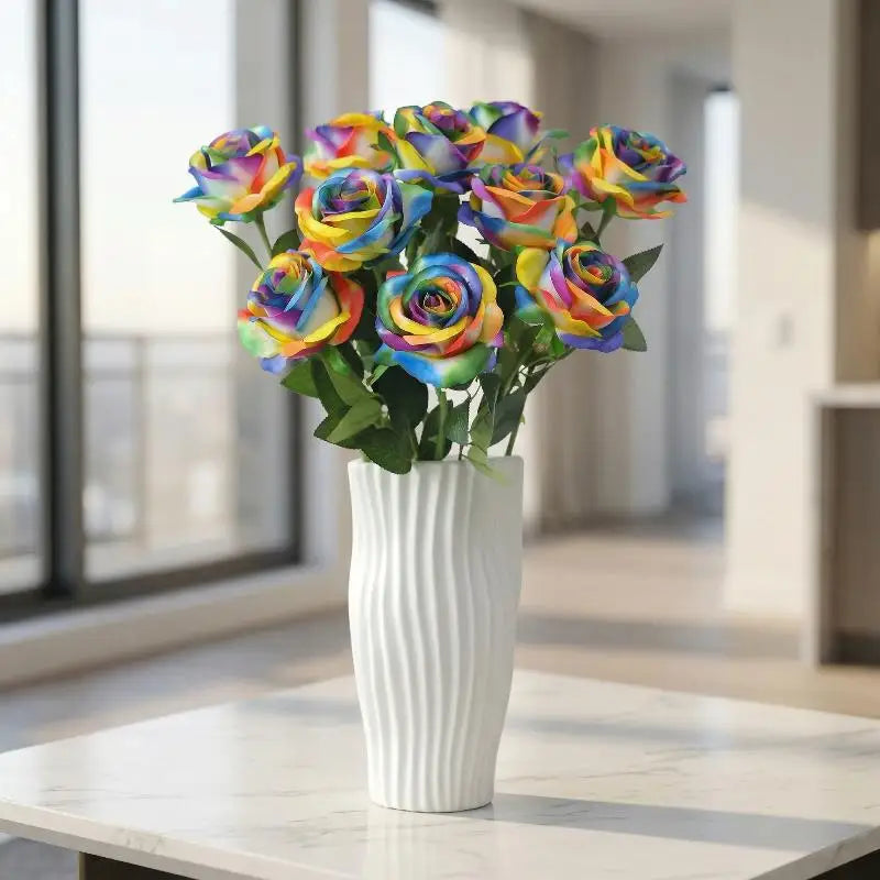 Colorful Realistic Touch Artificial Roses Flowers Rainbow Lifelike Silk Roses Flowers Non-Fading Plastic Fake Flowers Qme