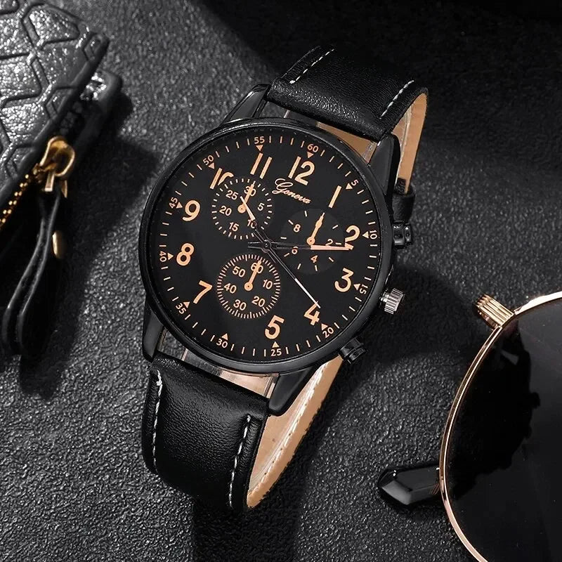 2026 Men's quartz casual three eye PU leather watch fashionable and versatile quartz business watch set Qme