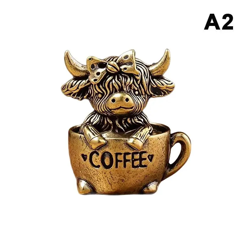 Handmade Vintage Highland Cow Figurine Solid Brass Mini Lucky Qme A2