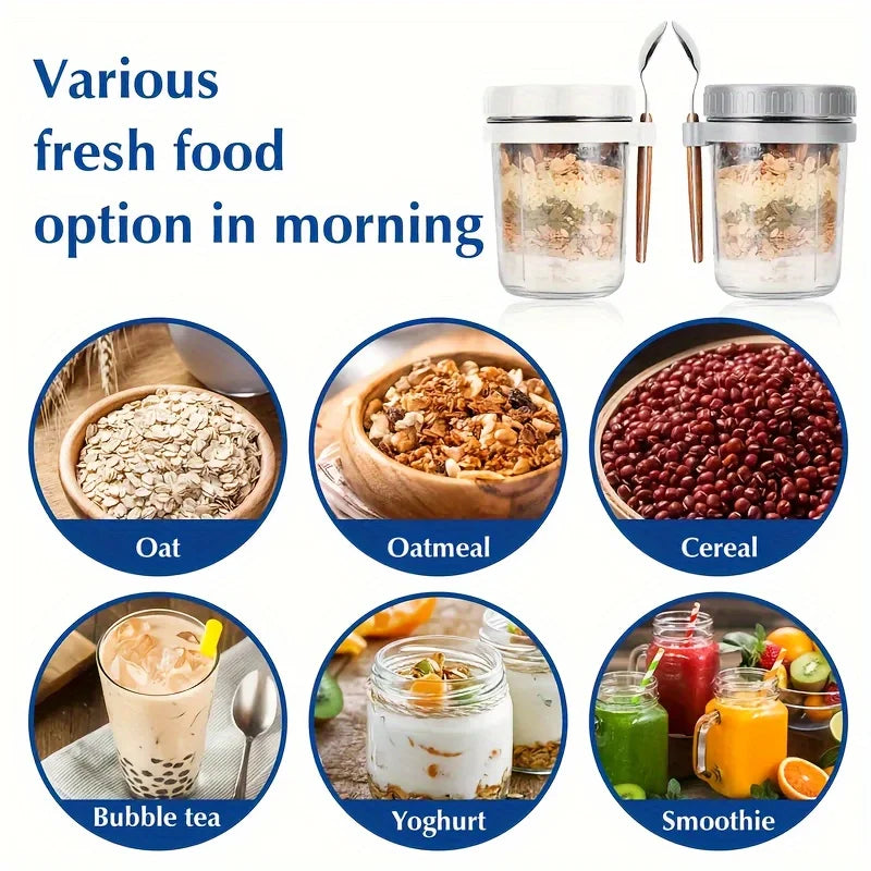 Glass Oatmeal Cup Overnight Oats Container Lid Spoon Cereal Milk Qme