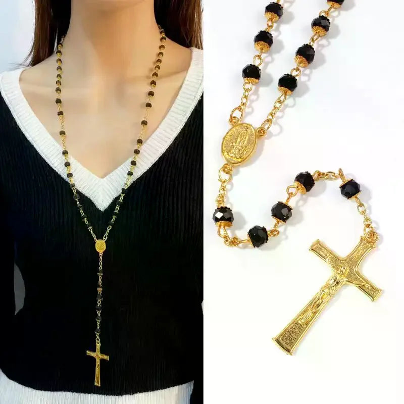 Retro Religion Belief Catholic Cross St. Benedict Black Gallstone Prayer Rosary Pendant Necklace Jewelry Gift Qme