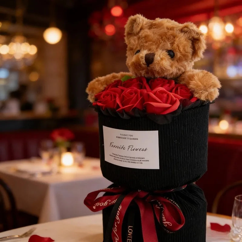 Valentine's Day Rose Bear Bouquet Artificial Flower Cute Decor Qme