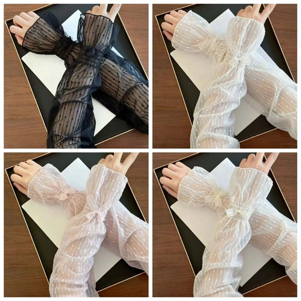 1 pair French Retro Bowknot Lace Sun Protection Sleeves Elastic Ruffle Trim Breathable Lightweight Fabric Mesh Arm Covers Qme