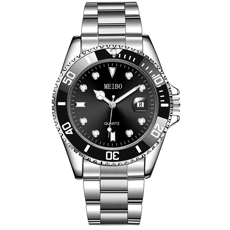 1pc Luxury Men Silver Stainless Steel Water Proof Automatic Luminous Rotatable Bezel Mens Watches Qme Black