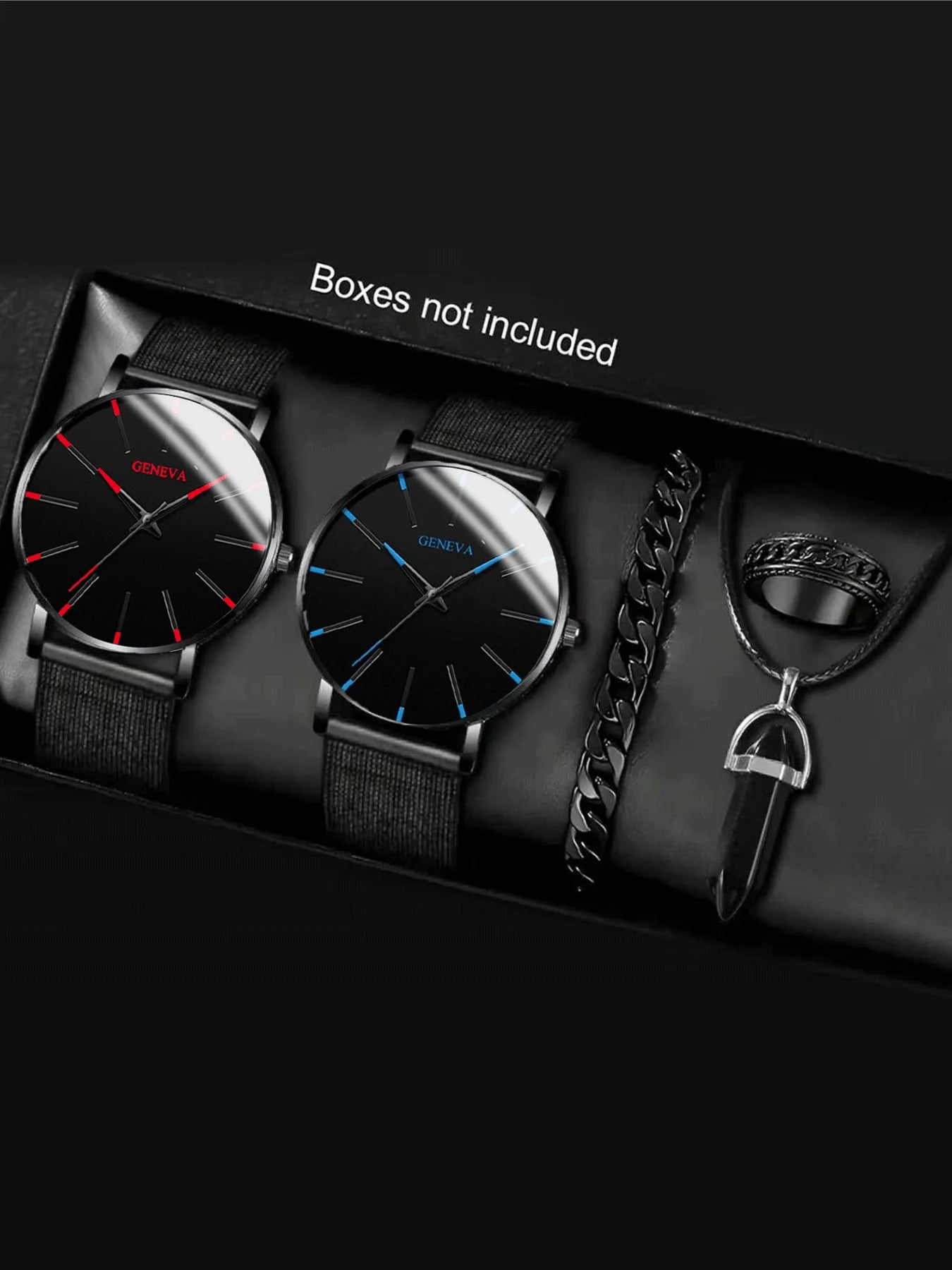3Pcs Geneva Minimal Mesh Band Watch Set with Cross Necklace & Textured Ring for Men Qme 5pcs