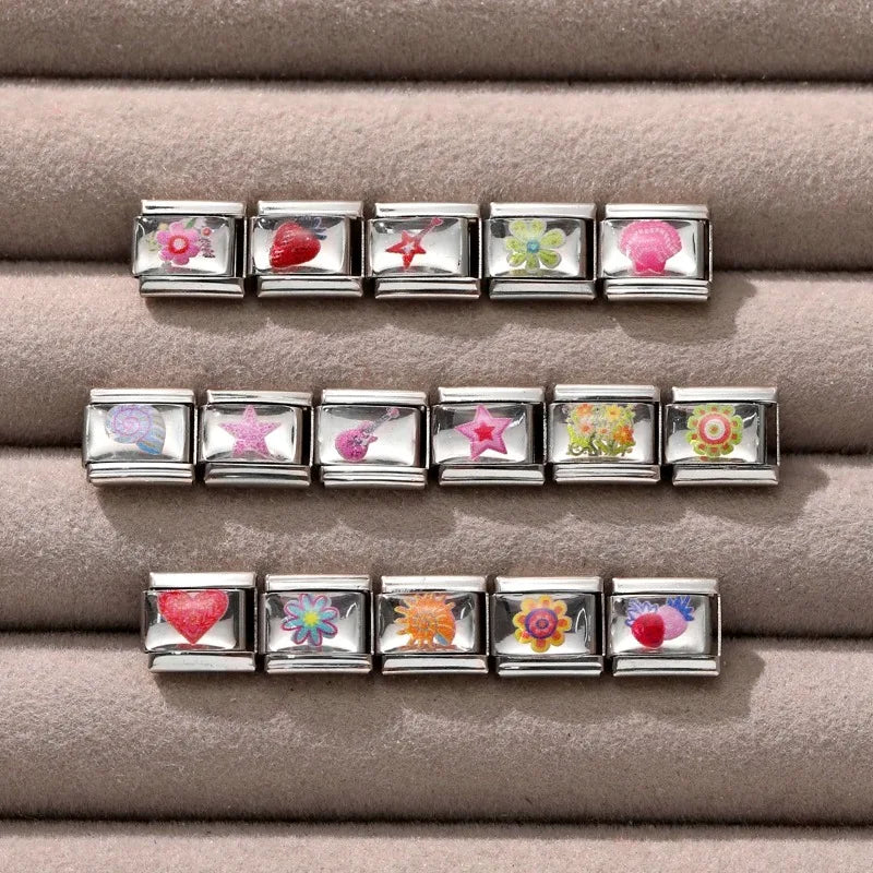 Women Men Fashion Color Series Pattern Heart Eye Sun Bead Charm Fit 9mm Italian Charm Bracelet Stainless Steel DIY Making Jewelr Qme