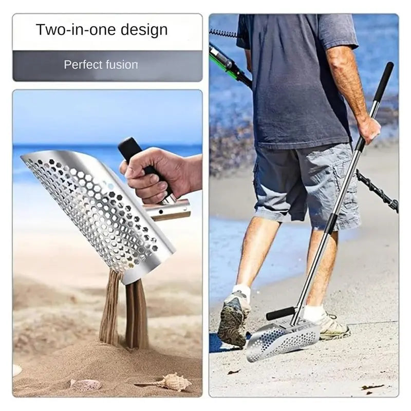 A02F-Removable Long-Handled Sand Shovel Portable Travel Beach Stainless Steel Detection Sand Shovel Screen Set Qme
