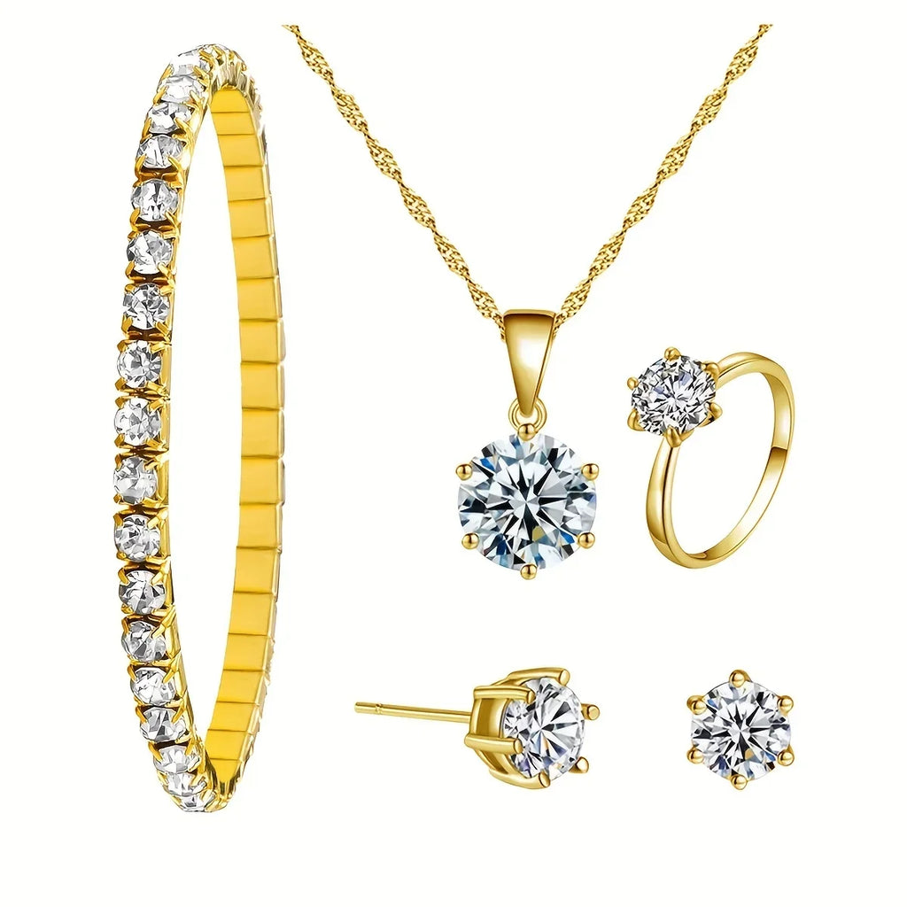 1pc Rhinestone Decor Quartz Watch Casual Round Pointer Analog Wristwatch & 5pcs Jewelry Set, Gift For Mom/Girlfriend Qme