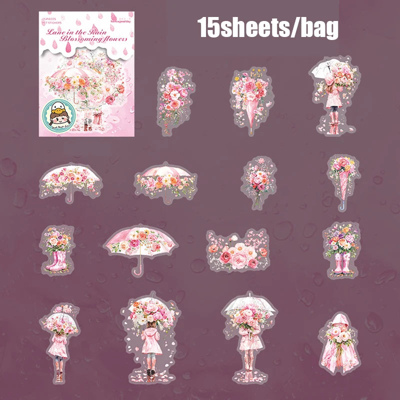 15 Sheets/bag Umbrella Floral PET Stickers for Scrapbooking DIY Journal Planner Collage Art Phone Case Notebook Decoration Qme 4