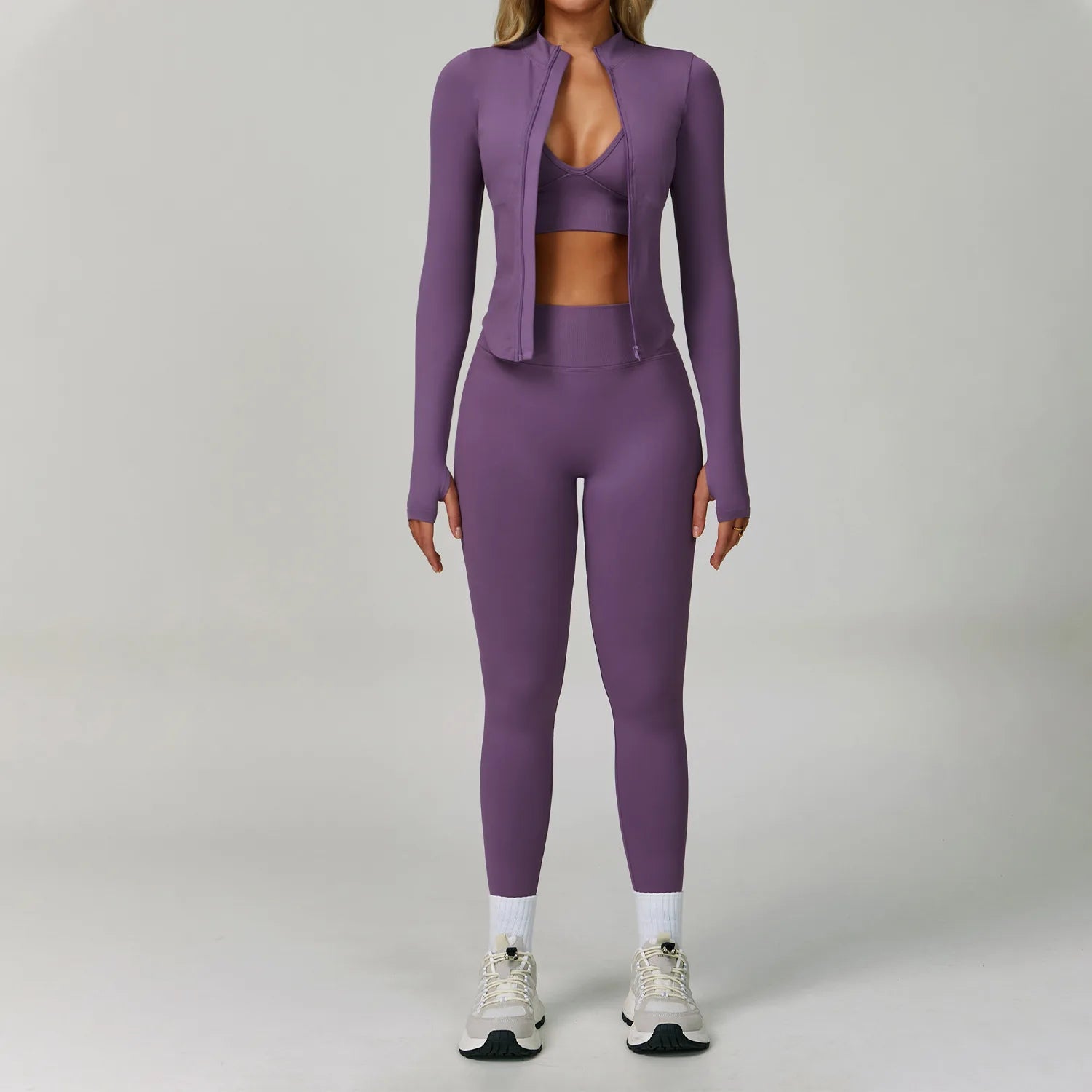 A 2/3PCS Yoga Suit Sports Set Gym Set Women Tracksuit Workout Clothes Long Sleeve Sports Bra Athletic Wear Yoga Clothing Qme 3pcs purple S