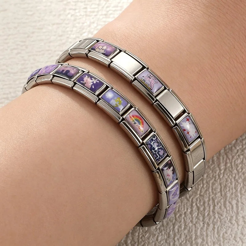 New Fashion Purple Series Flowers Cats Dogs Pet Italian Charms Fit 9mm Stainless Steel Women Fashion Bracelet DIY Jewelry Gift Qme