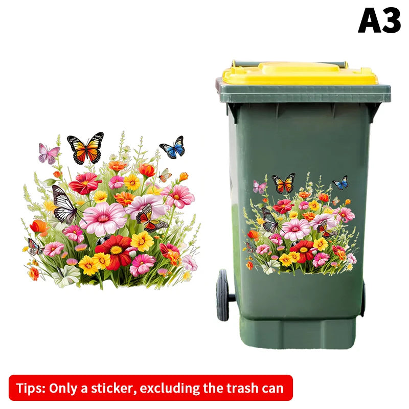 Trash Can Stickers Floral Wheel Self-adhesive Waterproof PVC Decals Qme A3