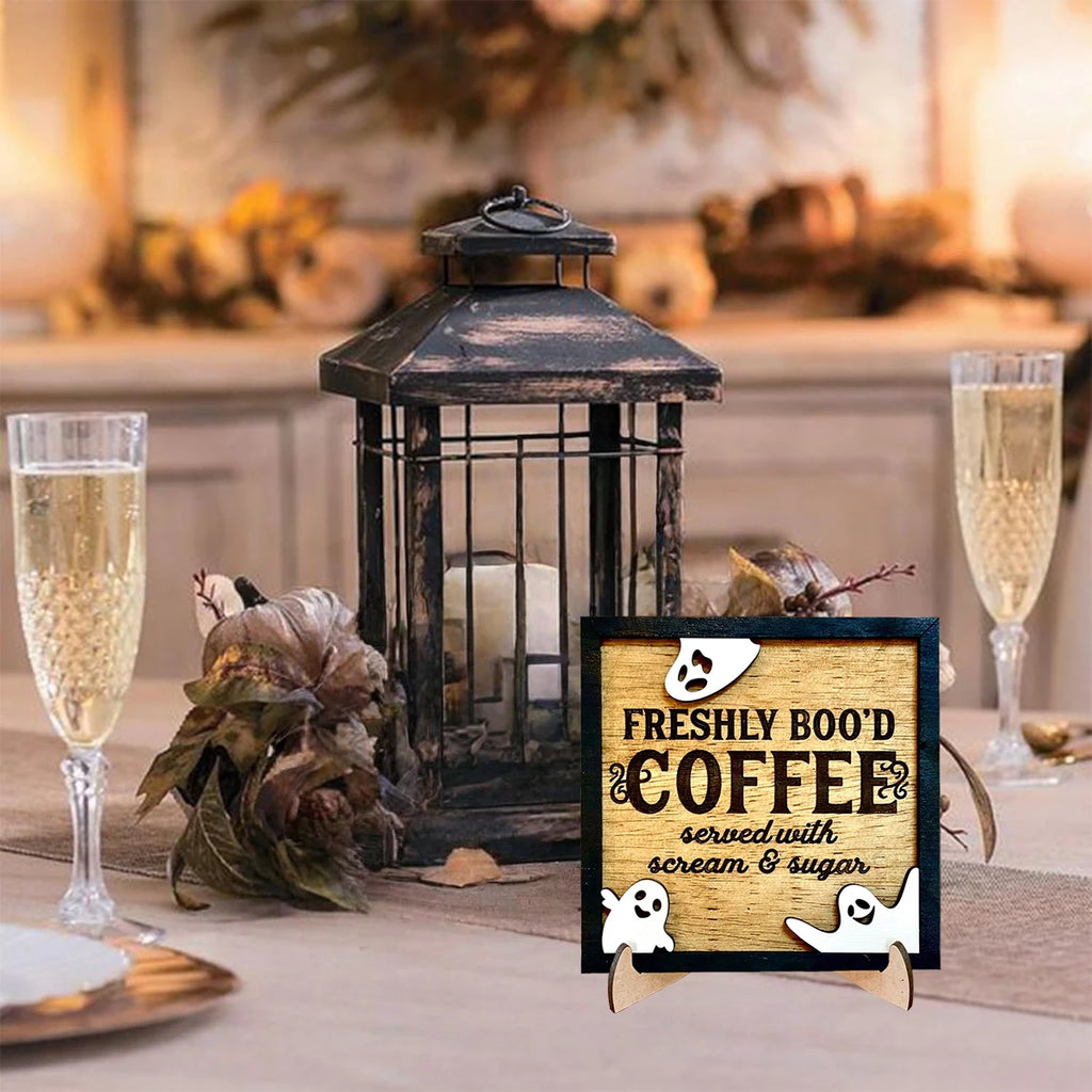 Halloween 3D Wooden Coffee Sign - 'Freshly Boo'd Coffee Served With Scream & Sugar' with 3 Ghosts,Spooky Kitchen/Boo Crew Decor Qme