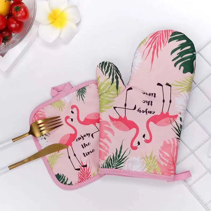 Kitchen Oven Gloves Flamingo Print Heat Resistant Anti-scald Mitts Qme pink