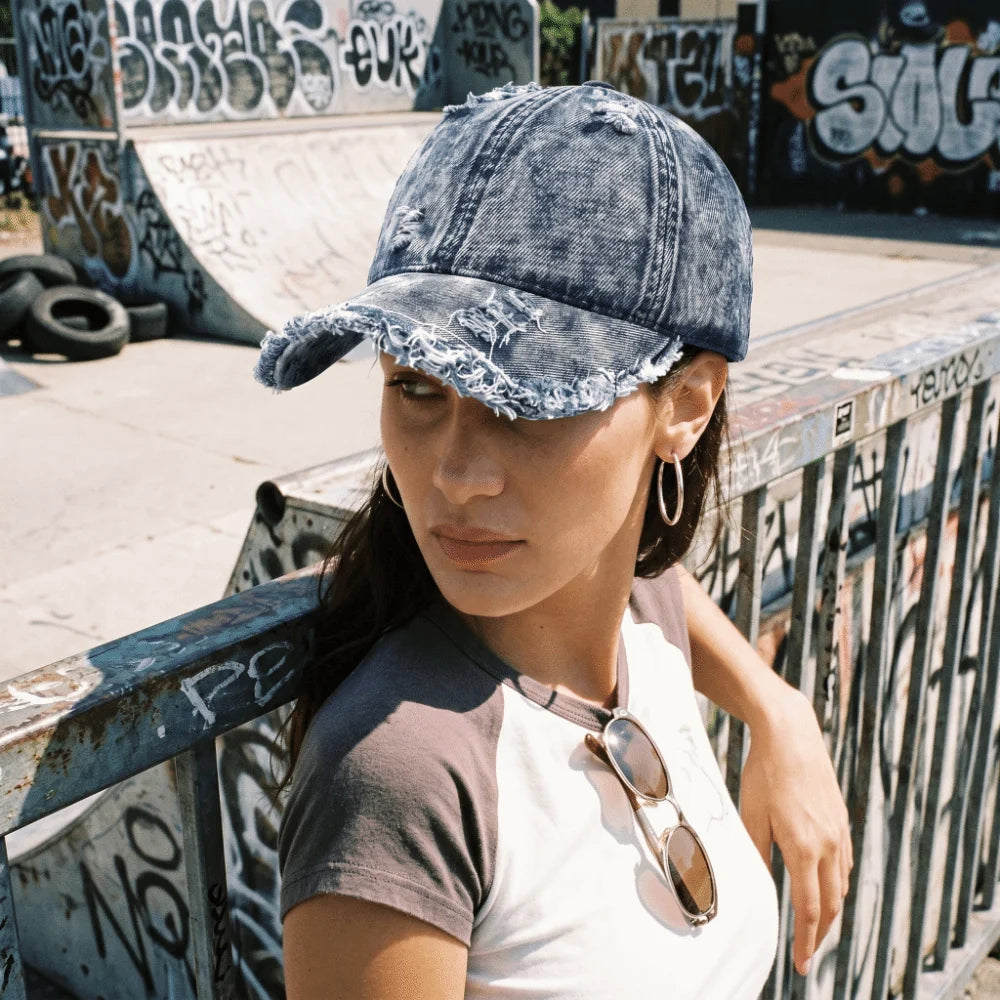 Vintage Washed Denim Baseball Cap Distressed Ripped Fringe Frayed Qme