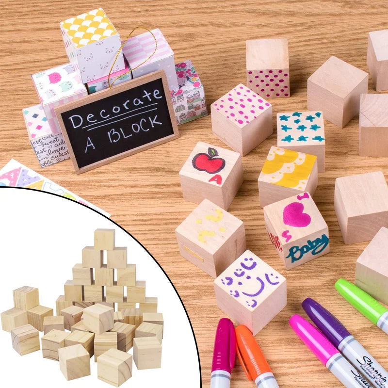 DIY Blank Wooden Blocks Set, Unfinished Wood Cubes For Kids Painting Stacking Crafts Qme