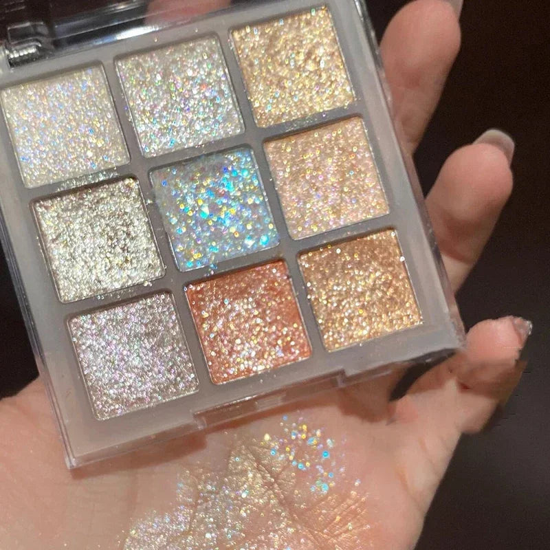 9-Color Glitter Eyeshadow Palette Champagne Pink Pearly Eye Shadow Shimmer Highlights Cool Tone Charming Sparkling Eyes Makeup Qme