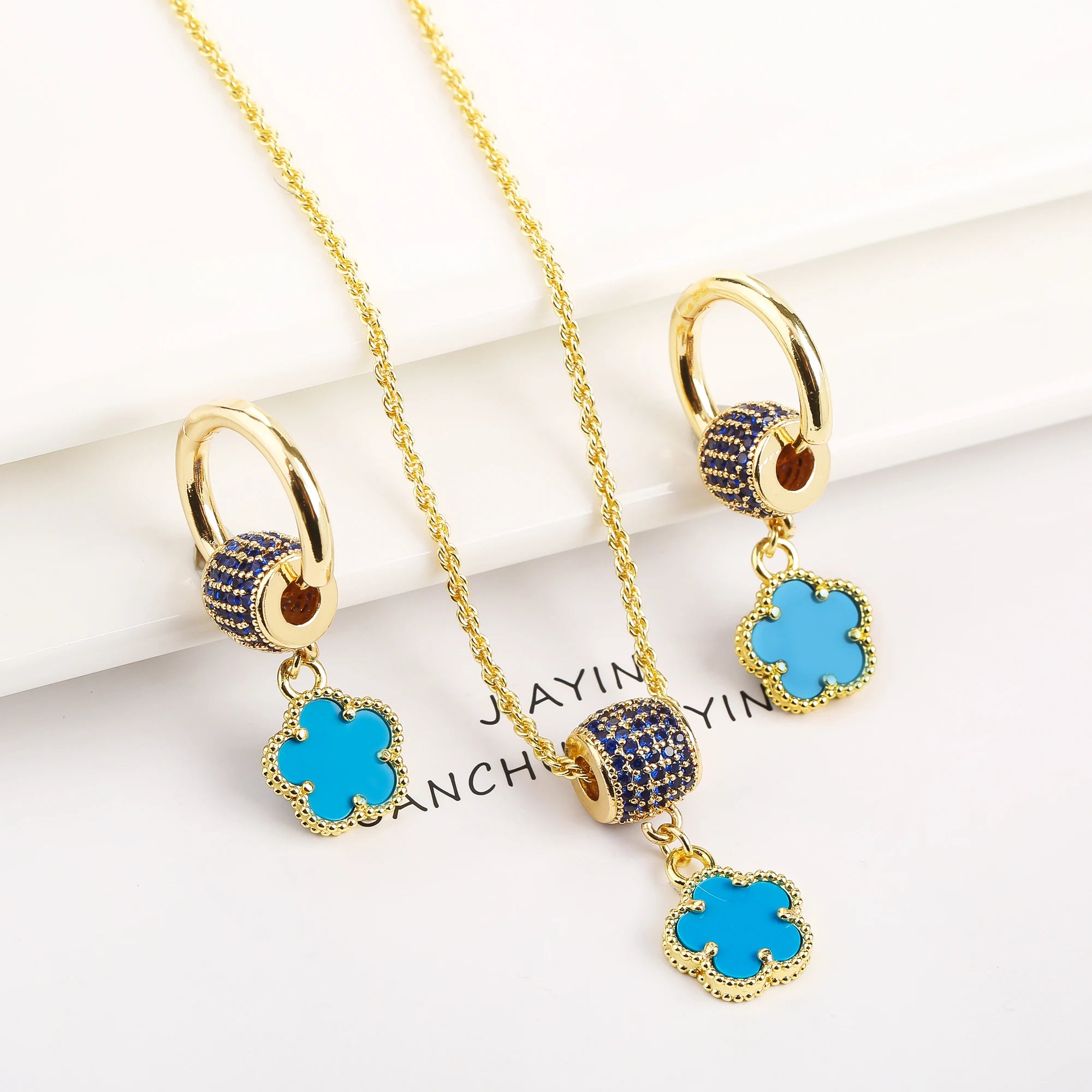High Quality Natural Stone Five Leaf Flower Jewelry Set Zirconia Necklace Earrings Temperament For Woman Fashion Jewelry Clover Qme Jewelry Set 4