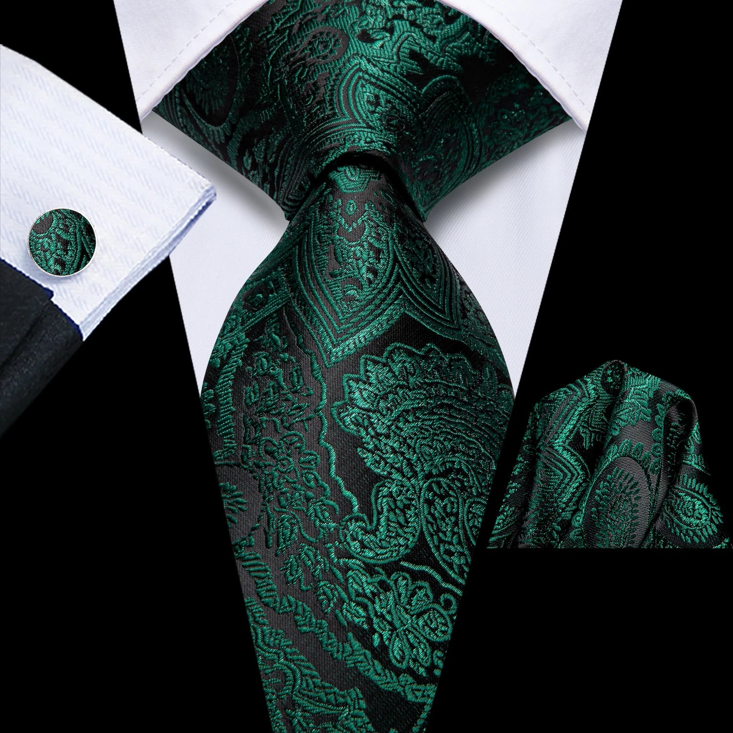 Hi-tie Paisley Dark Green Black Mens Elegant Necktie Handkerchief Qme