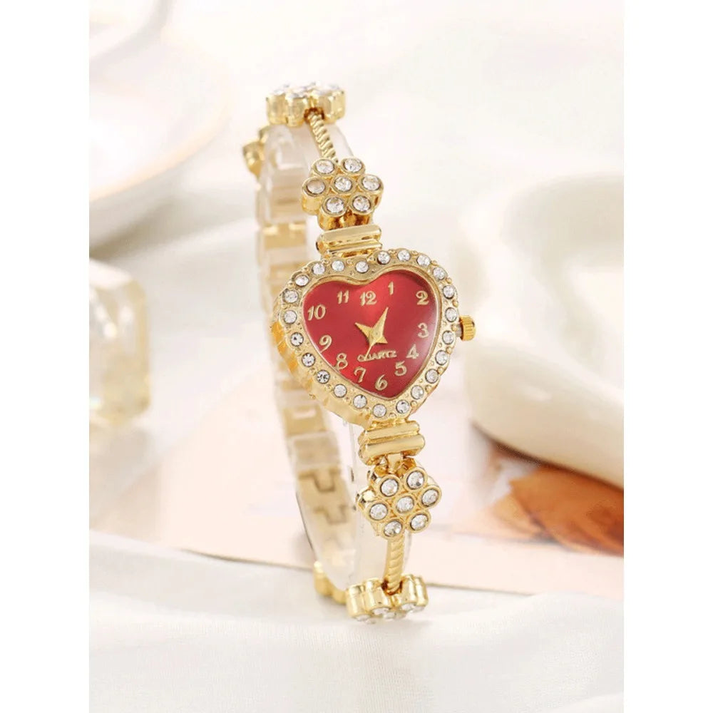 Flower shaped diamond inlaid heart-shaped women's watch, niche fashion, female student bracelet, quartz watch set Qme
