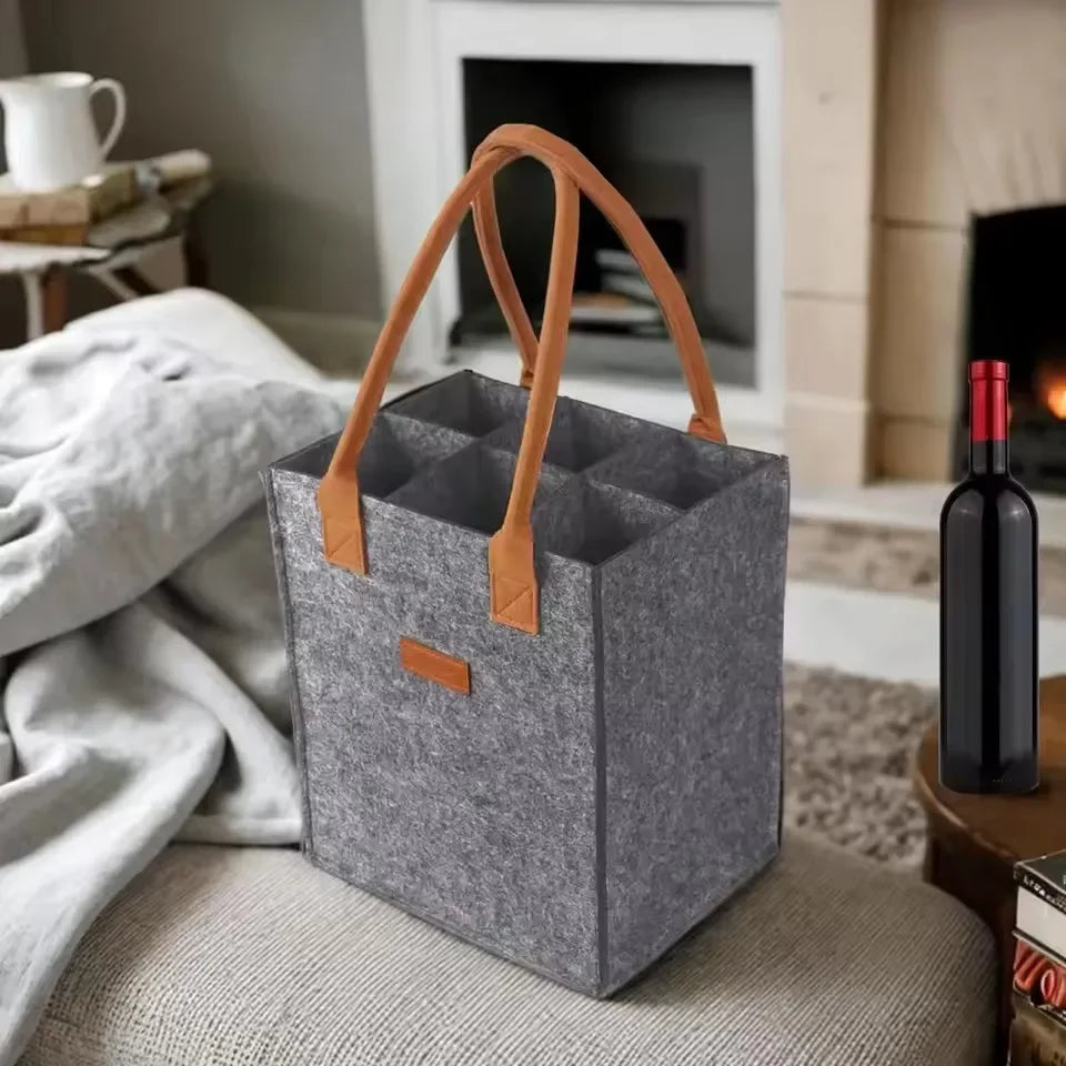 6 Bottle Wine Carrier with Divider Felt Wine Storage Tote Bag Portable Wine Gift Bag Red Wine Storage Box with Handle Qme