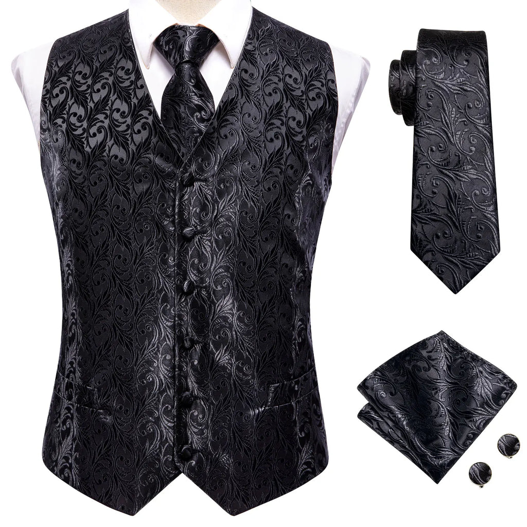 Hi-tie Black Men Vest Paisley Jacquard Necktie Hankerchief Cufflinks Qme MJ-0041 L