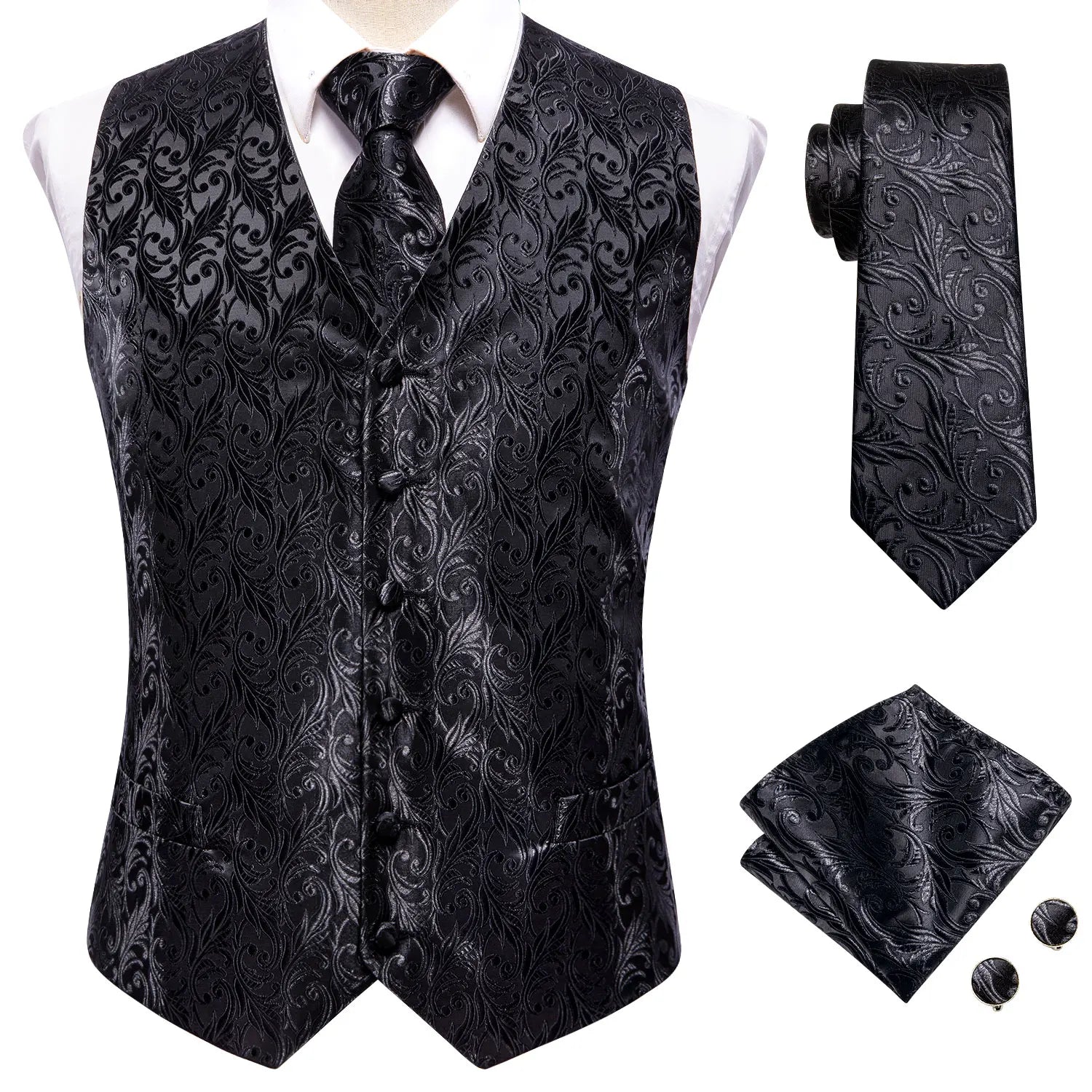 Hi-tie Black Men Vest Paisley Jacquard Necktie Hankerchief Cufflinks Qme MJ-0041 L