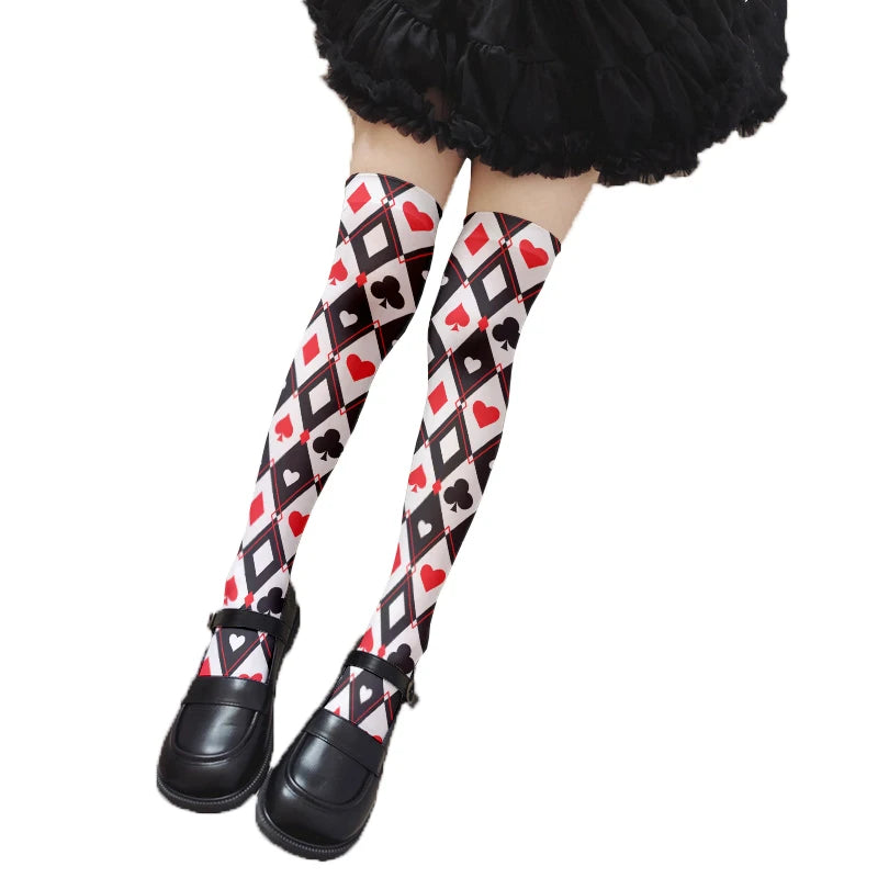 Fashionable Poker Pattern Thigh Stockings Ladies Sexy Love Plaid Qme style8 One Size