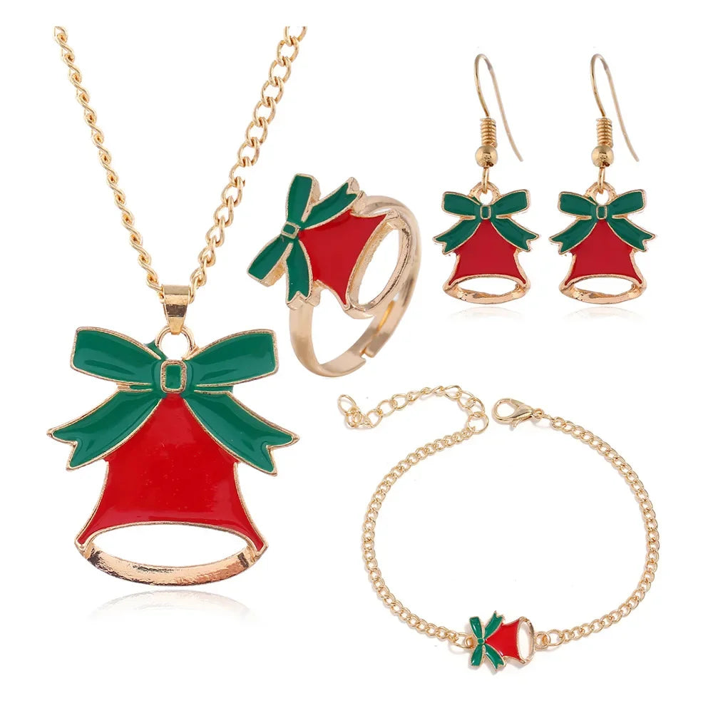 4PCS/Set Christmas Women Alloy Jewelry Set Santa Elk Bell Earrings Necklace Bracelet Decor Xmas Accessories Gift for Girl Women Qme small bell China Mainland
