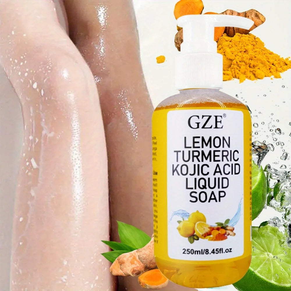 GZE Glow Lemon Turmeric Kojic Acid Liquid Soap - Gentle Exfoliating, Brightening, and Nourishing Skin Cleanser with Turmeric Qme LEMON Moisturizing