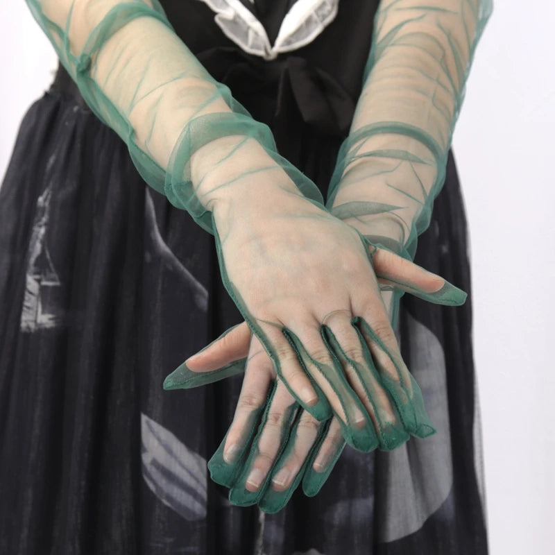 Long Sheer Tulle Gloves Ultra Thin Stretchy Full Finger Mittens Mesh Qme Black Green 55cm