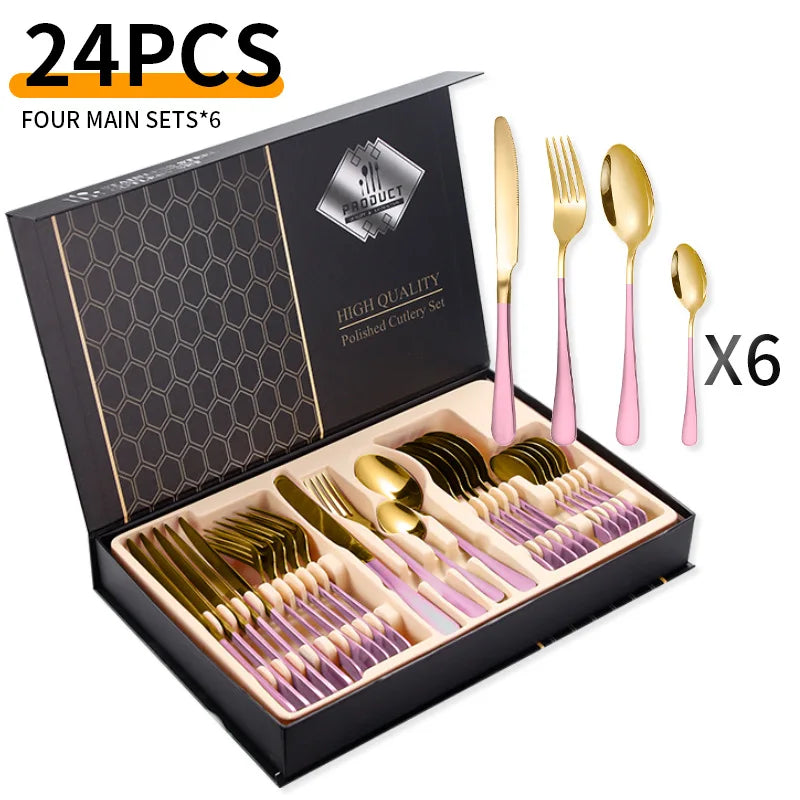 24-Piece Stainless Steel Tableware Set,Western Cutlery Steak Knife Fork Spoon, Gift Box Set for Home Restaurant Wedding Gift Qme B-24Pcs PinkRed