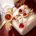 5Pcs Romantic Red Heart Rhinestone Ladies Watch Jewelry Gift Set Qme Bronze