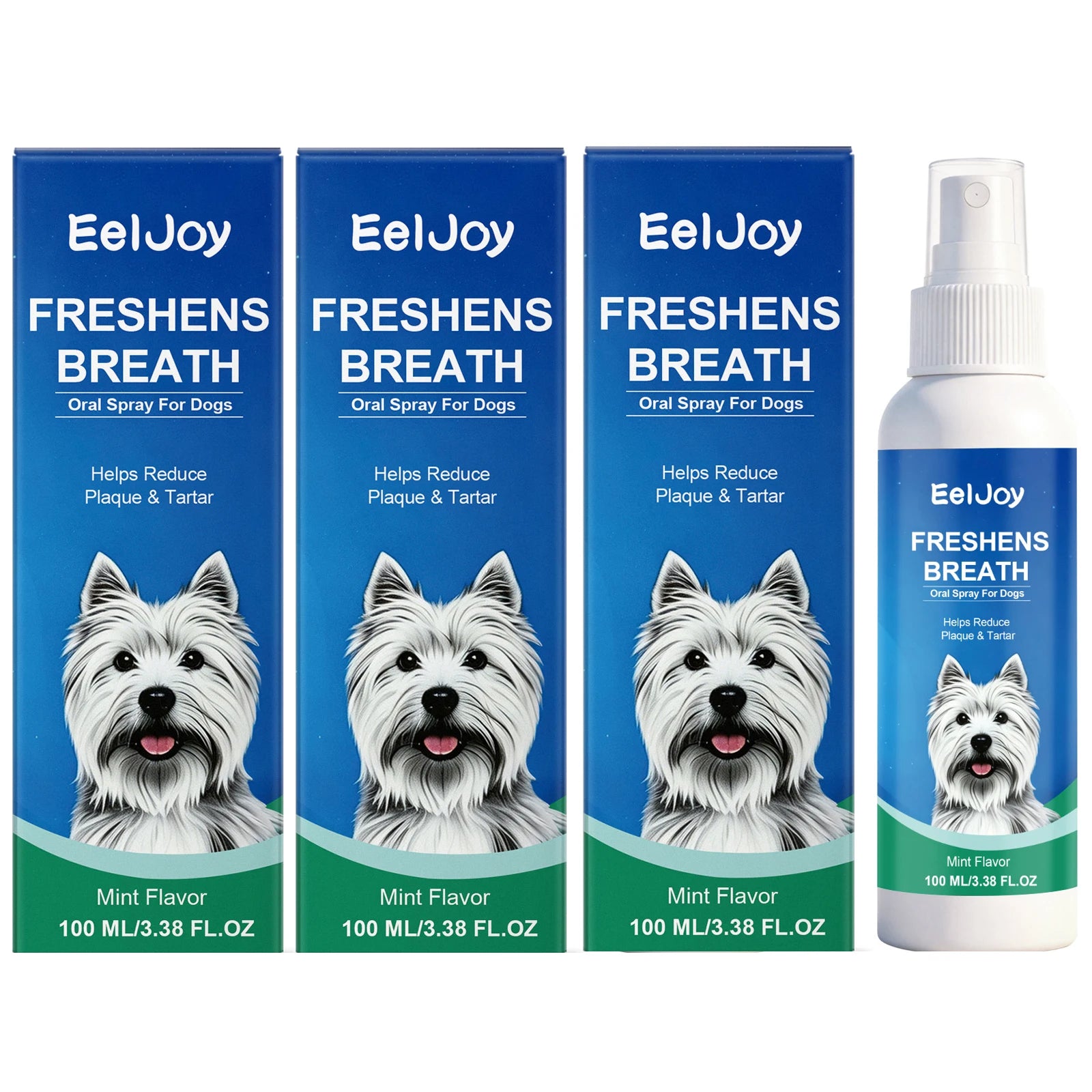 EELJOY Pet Dental Care Spray Reduces Plaque & Tartar Eliminates Bad Breath No‑brush Easy‑to‑use Mint‑flavored Dogs Mouth Cleaner Qme 3 x 100ML Boxed