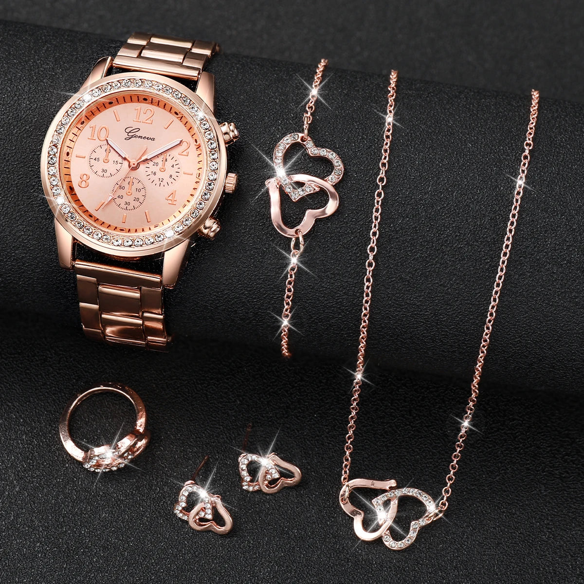 6PCS/Women's Watch Fashion Diamond Steel Strap Quartz Watch Double Heart Jewelry Set (No Box) Qme