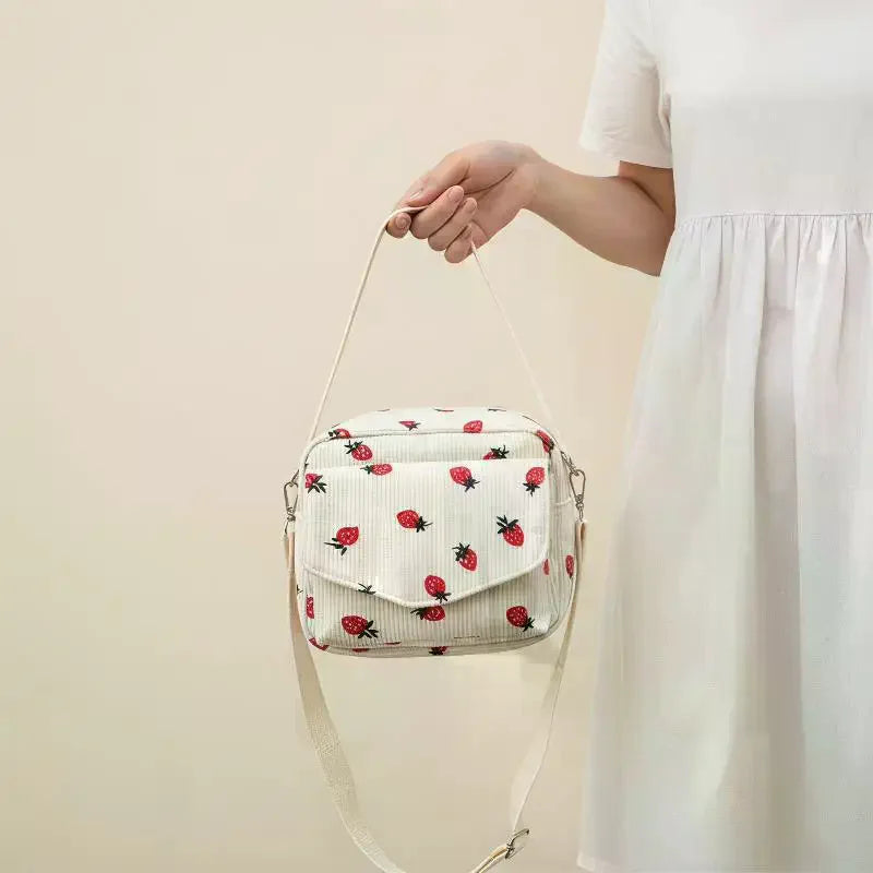 Strawberry Pattern Messenger Bags Corduroy Women's Small Shoulder Bag Teenager Girl Crossbody Bag Cute Tote Student Square Bag Qme