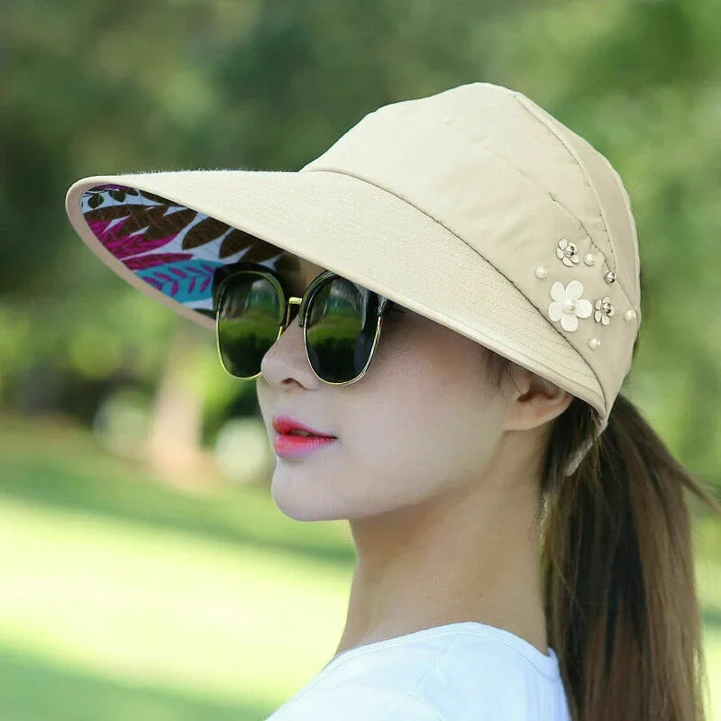 Korea Empty Sun Hat Foldable Wide Brim Anti Uv Visor Cap Women Summer Qme Beige