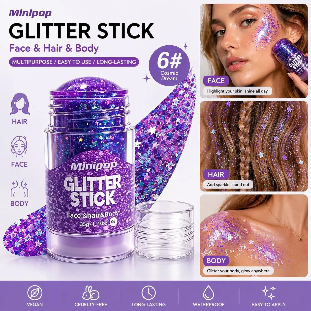 Aurora White Glitter Sequins Stick Face Hair Body Glitter Gel Waterproof Long Lasting Green Purple Shimmer Makeup Party Cosmetic Qme 06 35g