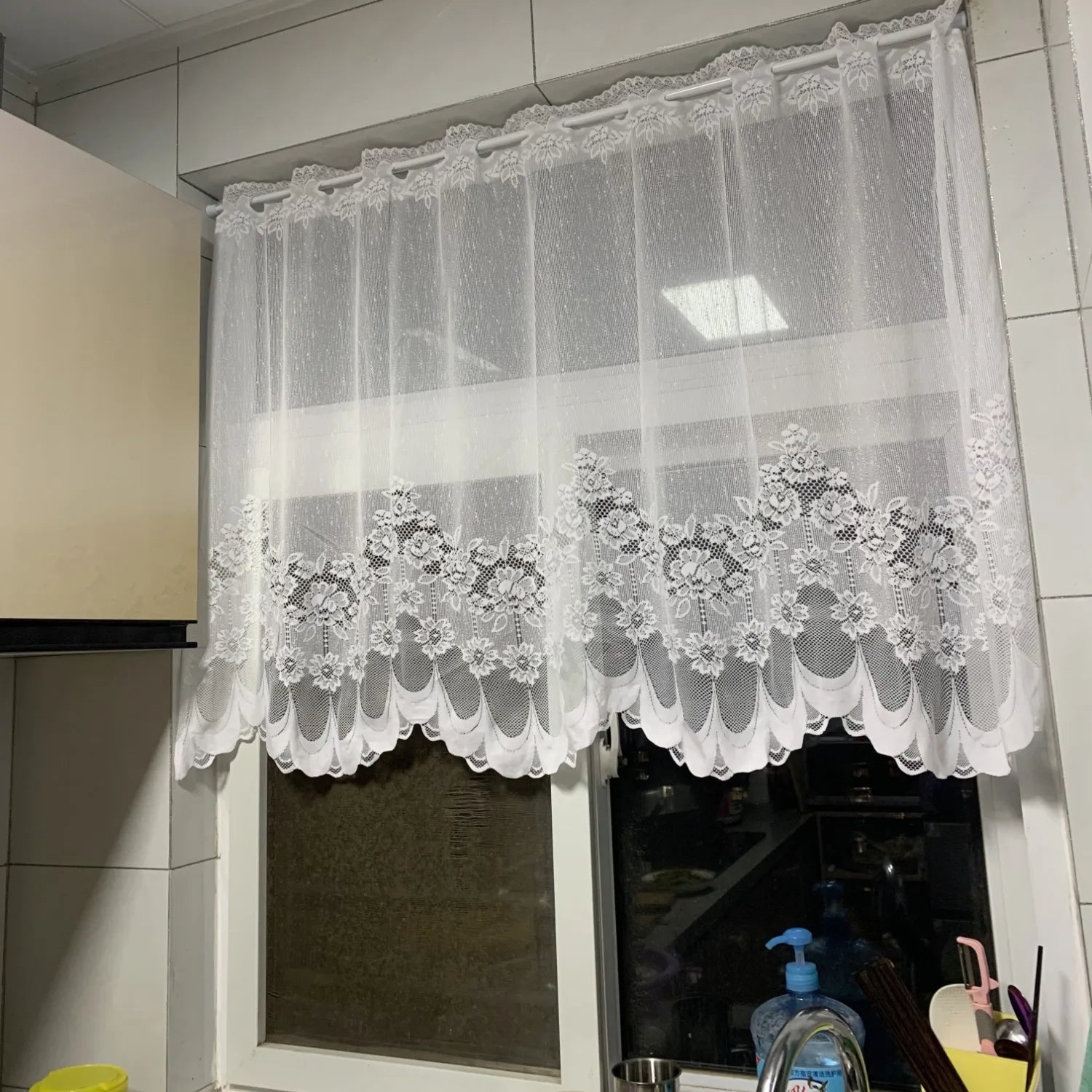 White lace chiffon curtains Floral pole pocket curtains with ruffles, semi-transparent and light-blocking, suitable for kitchens Qme