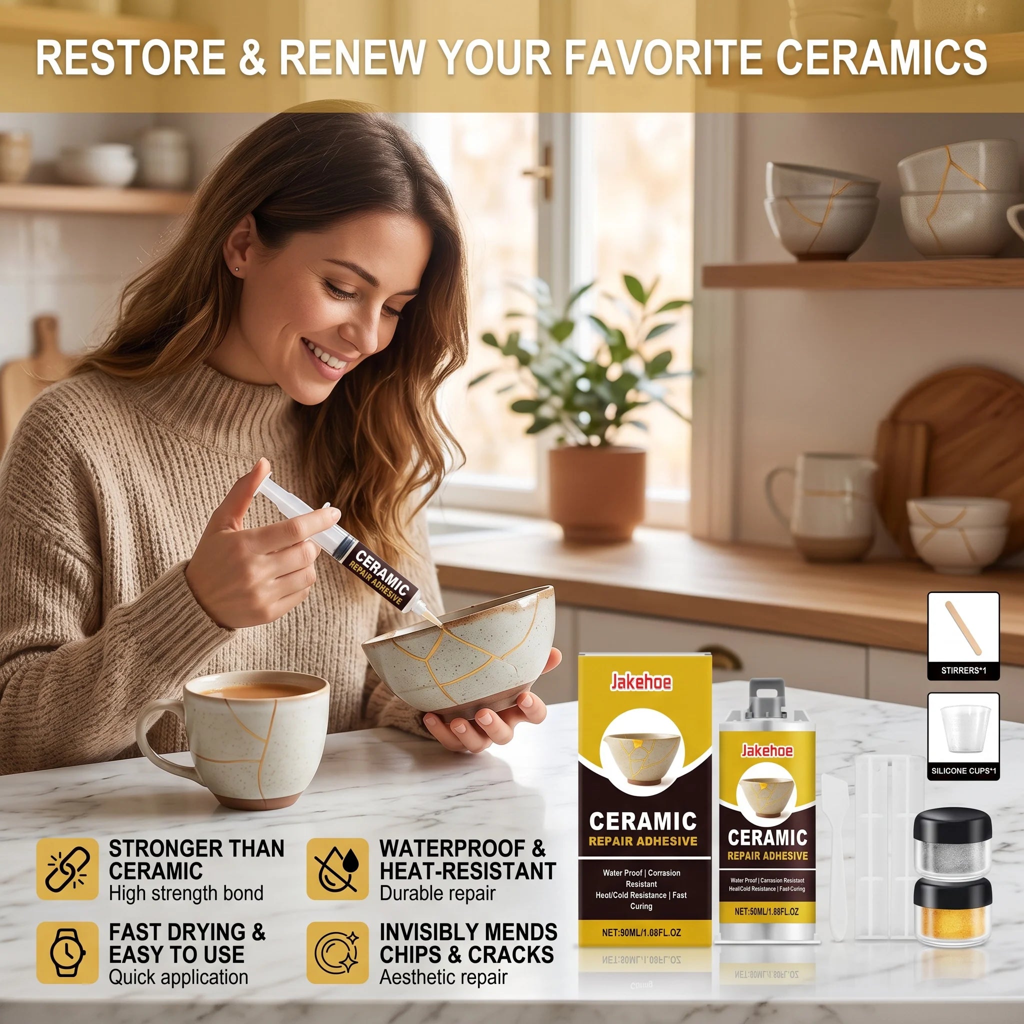 Ceramic Repair Adhesive Kit Repair Ceramic Glass Beautify Cracks Heat & Cold Resistant Fast Curing Waterproof Crack Repair Glue Qme