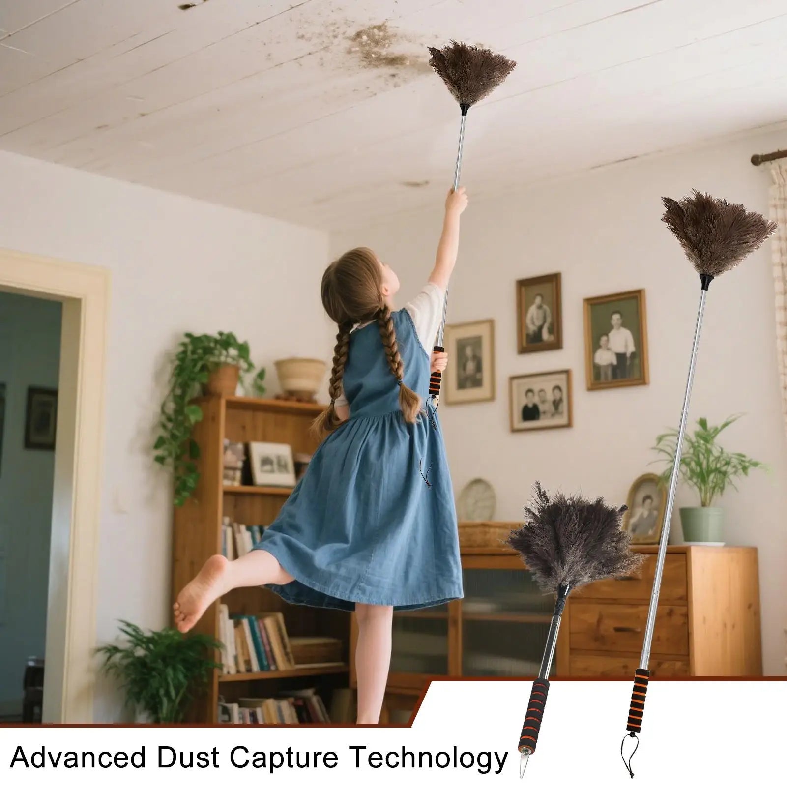 Duster Extendable 61 Inch Soft Dusting Mop Long Anti-Static Feathers Duster For Ceiling Window Vent Baseboard Pet Hair Removal Qme