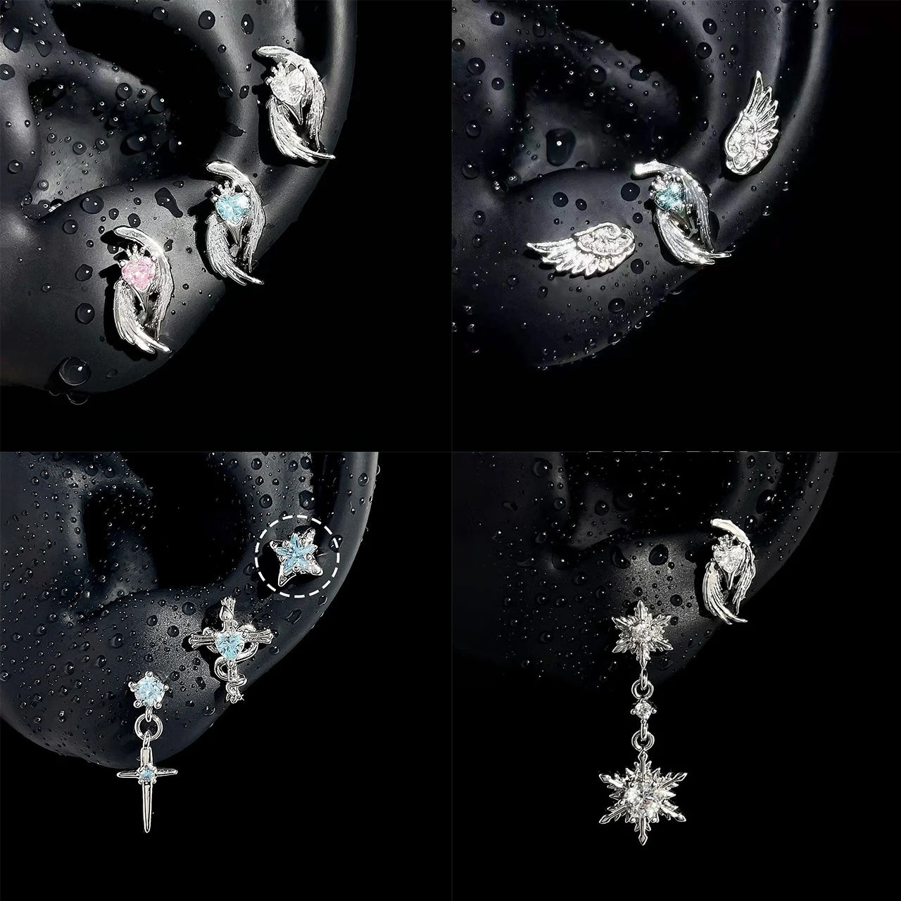 Y2K Silver Wing Heart Cartilage Earrings Star Cross Snowflake Dangle Stud Earrings For Women Punk Party Jewelry Qme