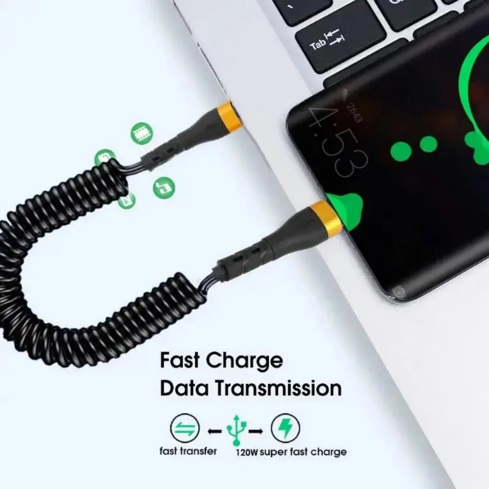 PD 120W Type C To Type C Cable Fast Charge USB C Spring Car Charger Cable For iPhone 16 15 Xiaomi Samsung Fast Charge Data Cord Qme