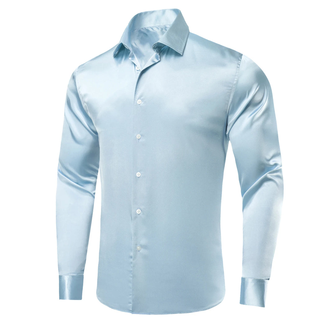 Hi-tie Luxury Plain Silk Mens Dress Shirts Long Sleeve Pure Purple Qme