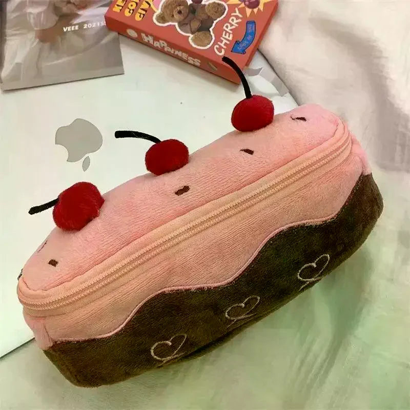 Plush Pencil Case Large Capacity Kawaii Cherry Cake Design Fuzzy Cute Qme